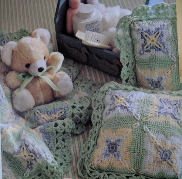 Crochet knitting pattern for a baby blanket and pillows